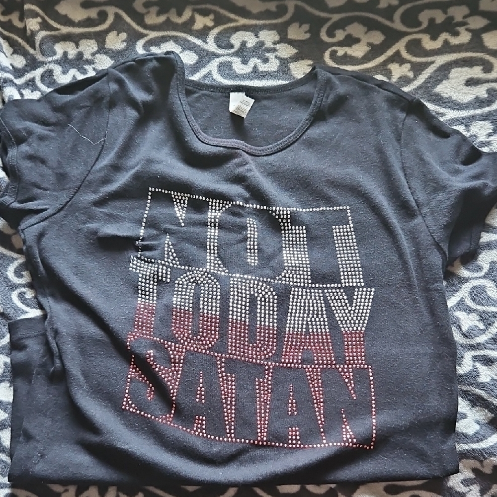 Black Graphic Tee with Rhinestone Design